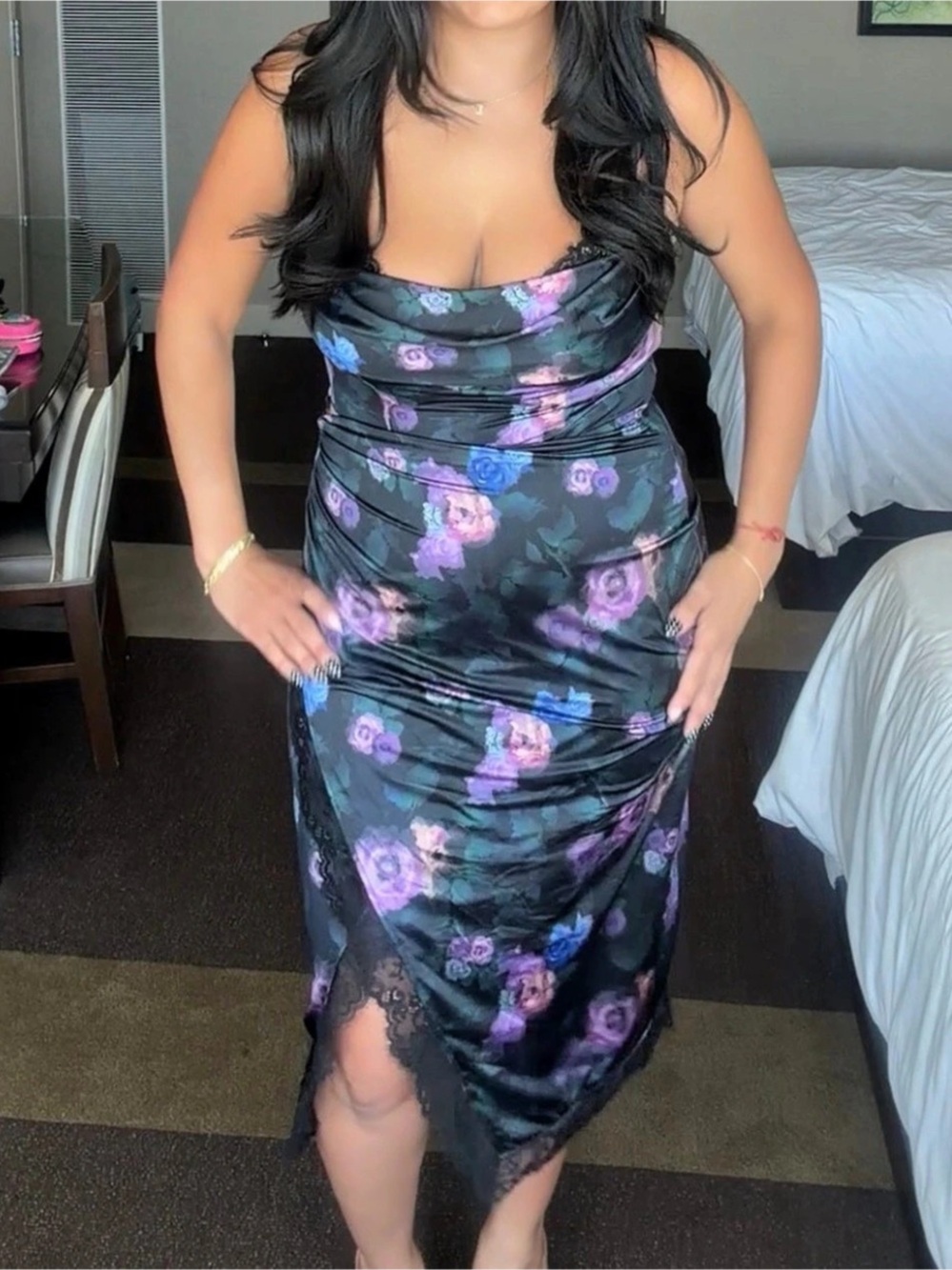 Lace trim sculpting Floral Cowl Neck Midi Dress in Black & Purple Like New
